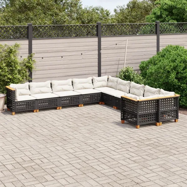 Salon de jardin 10 pcs avec coussins noir résine tressée
