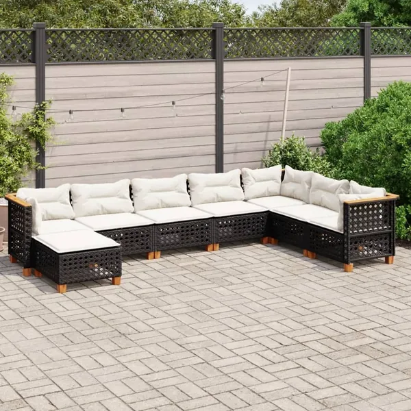 Salon de jardin 8 pcs avec coussins noir résine tressée