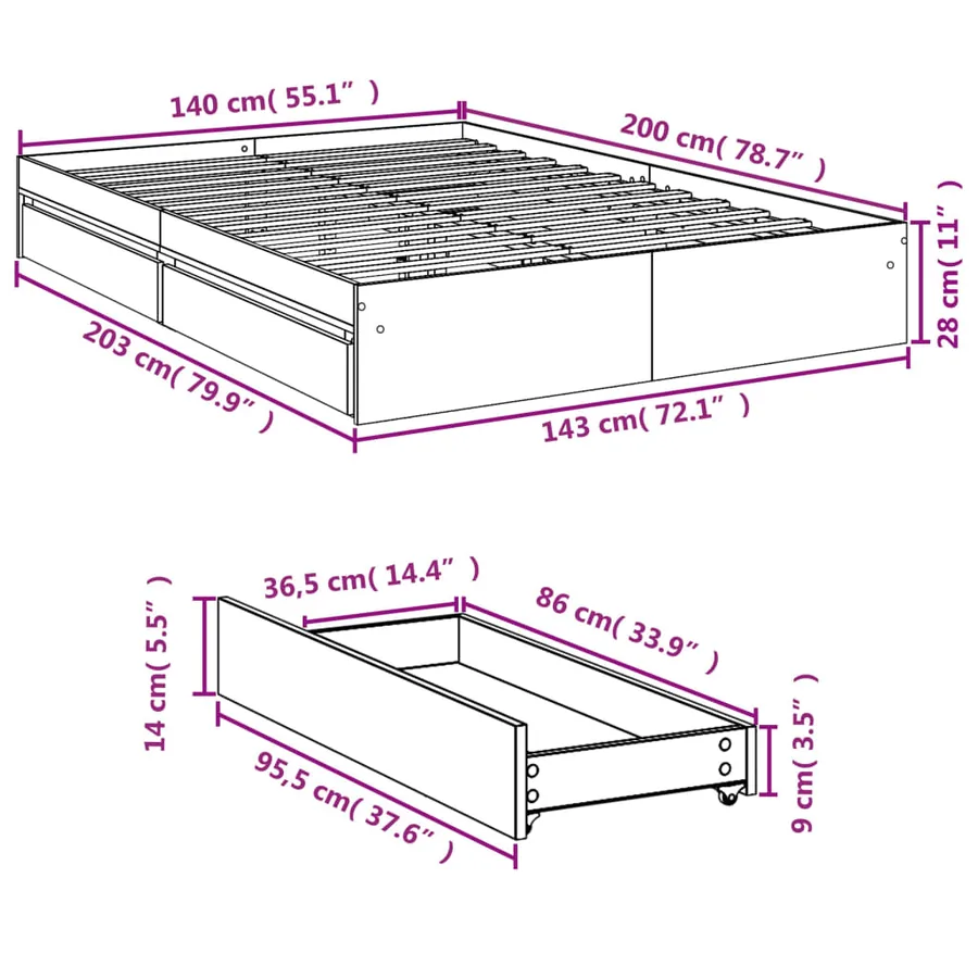 Cadre de lit avec tiroirs sans matelas chêne sonoma 140x200 cm - 10