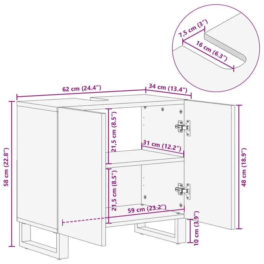 Armoire lavabo de bain 62x34x58 cm bois massif de manguier - 11