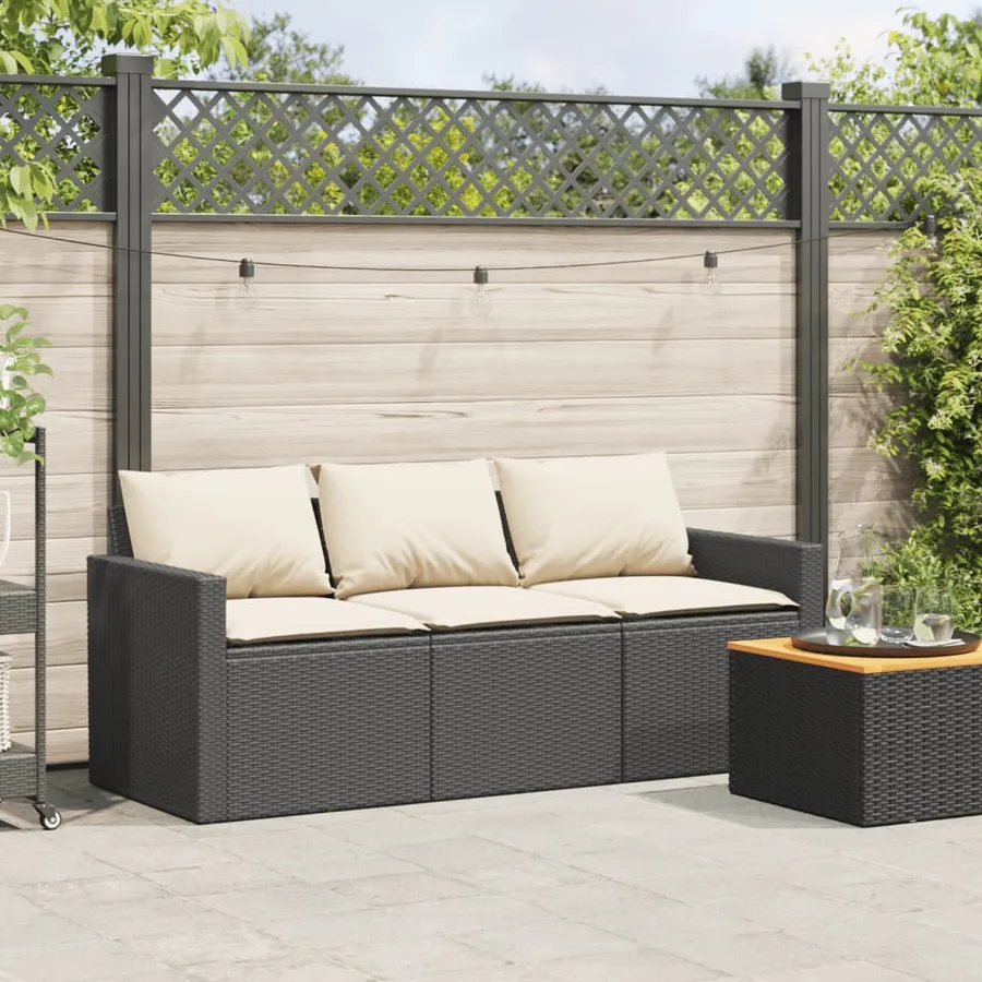 Canapé de jardin avec coussins 3 places noir résine tressée - 3