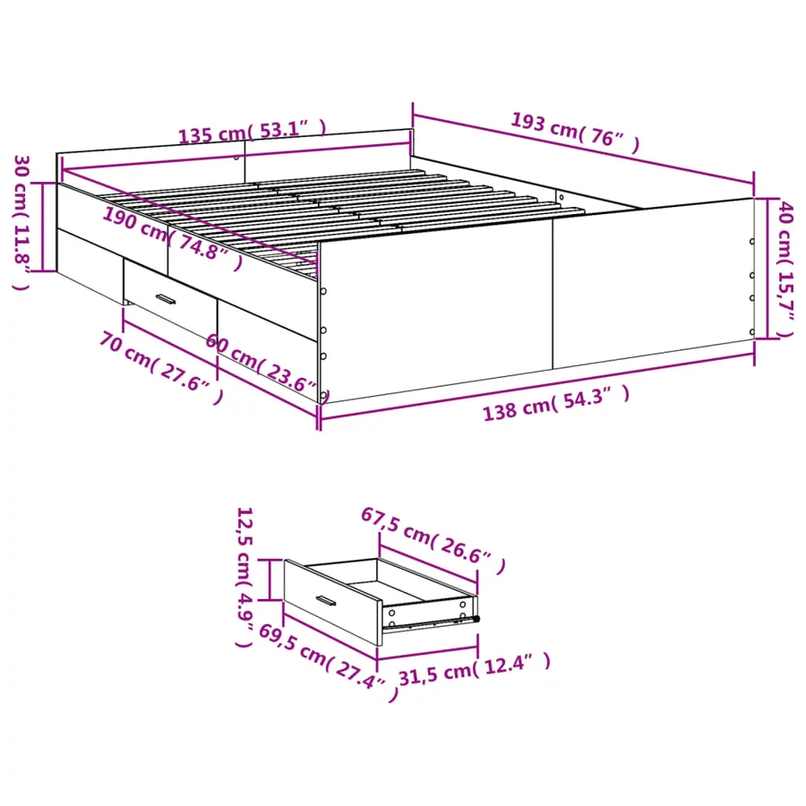 Cadre de lit avec tiroirs sans matelas gris béton 135x190 cm - 11