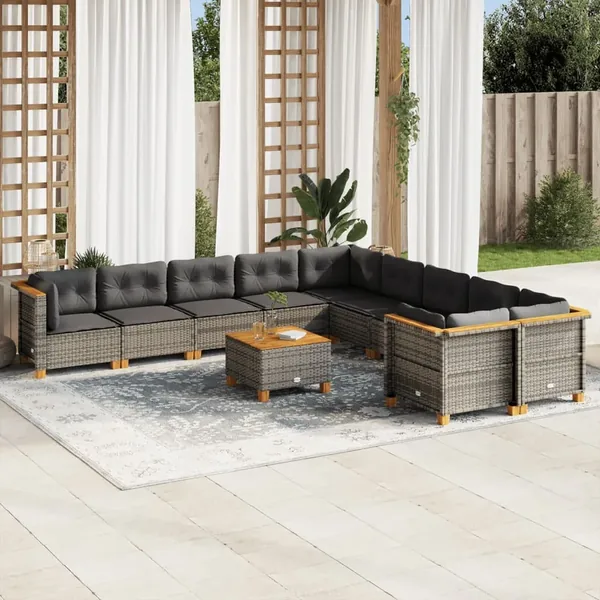 Salon de jardin 11 pcs avec coussins gris résine tressée