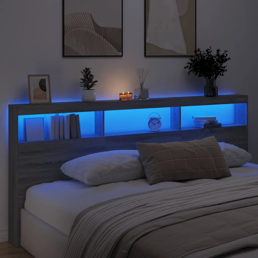 Armoire tête de lit avec LED sonoma gris 220x17x102 cm - 4