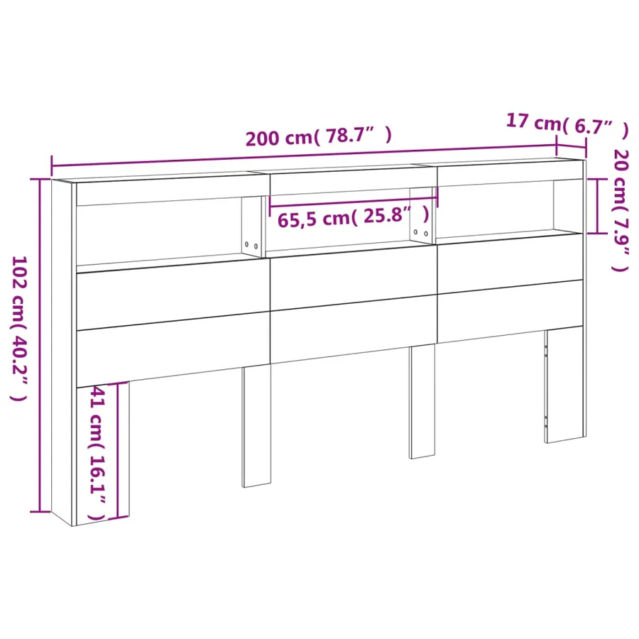 Armoire tête de lit avec LED gris béton 200x17x102 cm - 14