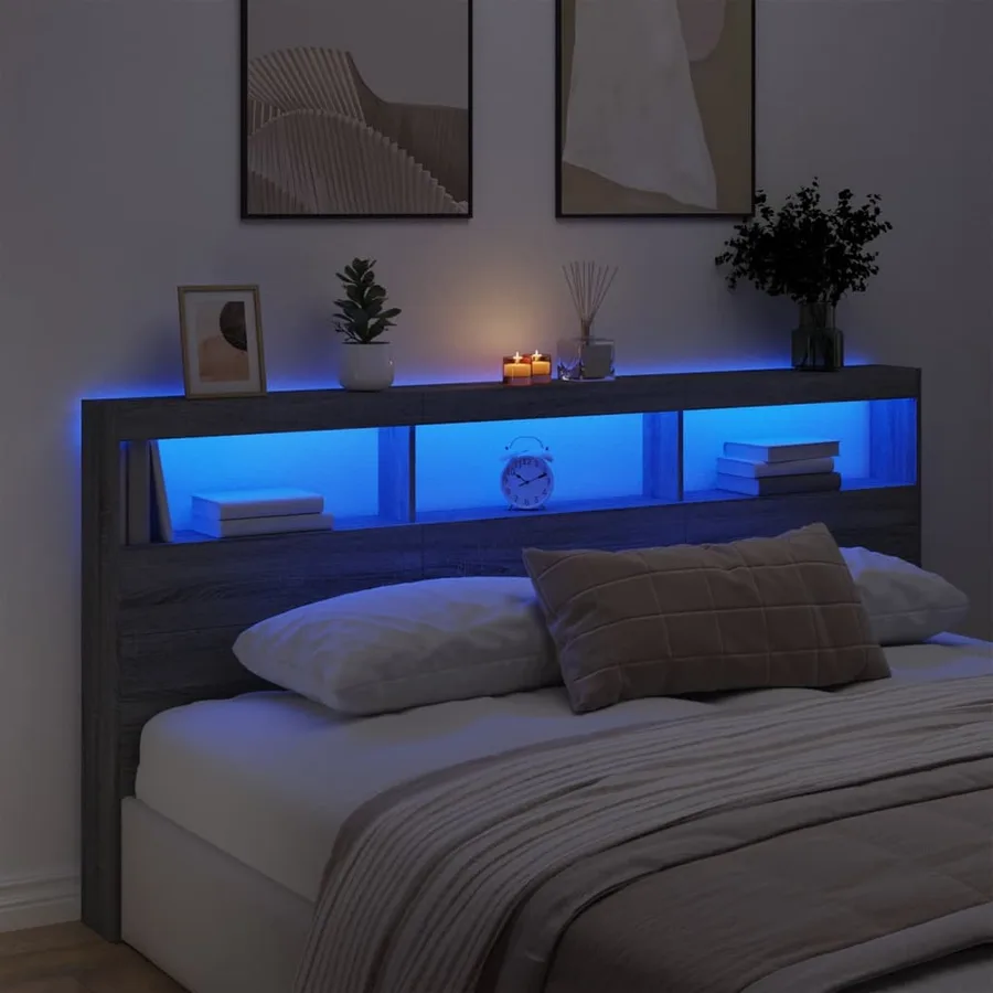Armoire tête de lit avec LED sonoma gris 200x17x102 cm - 4