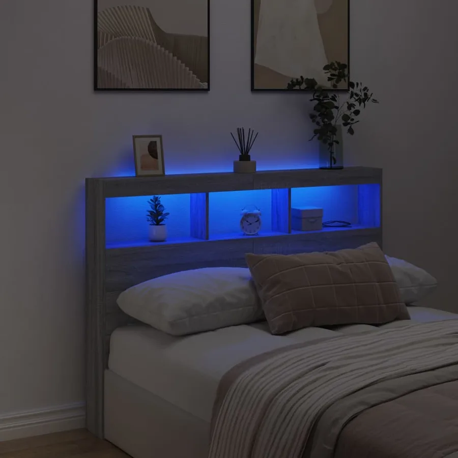 Armoire tête de lit avec LED sonoma gris 140x17x102 cm - 4