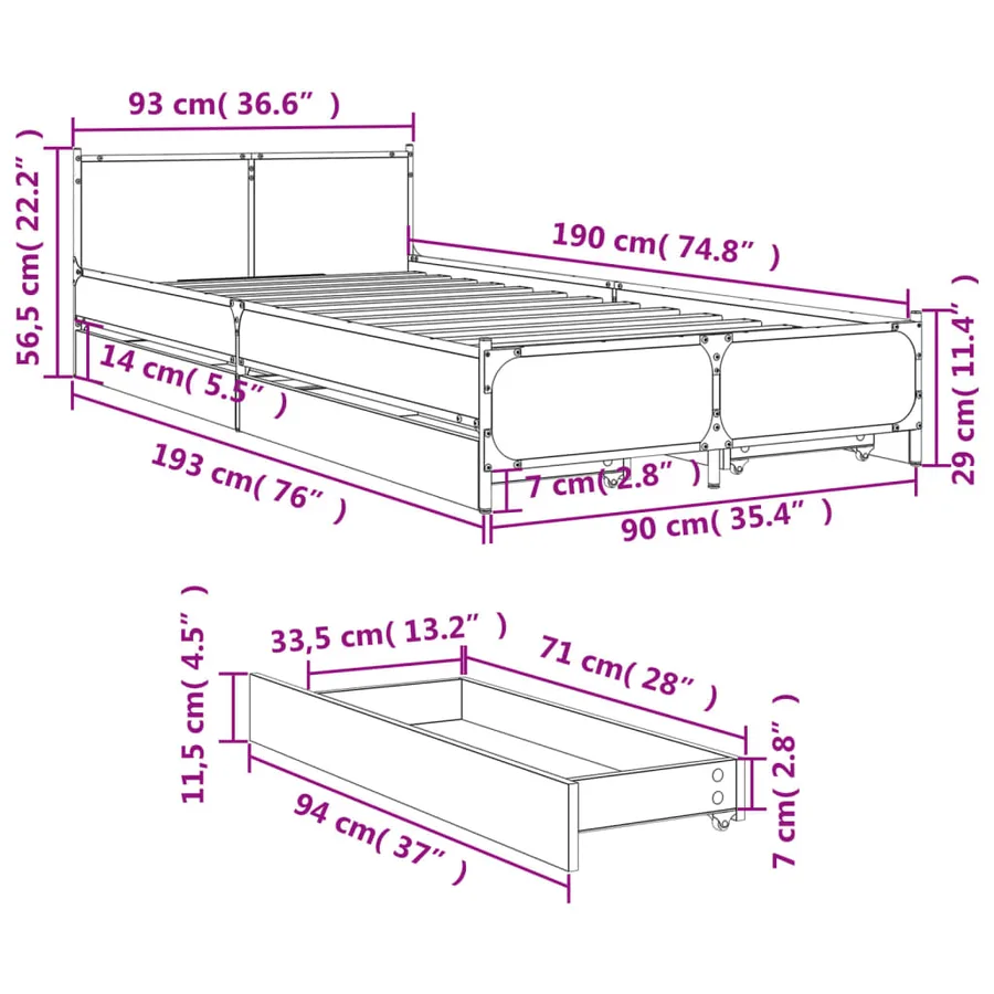 Cadre de lit avec tiroirs sans matelas chêne sonoma 90x190 cm - 10