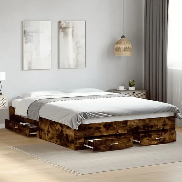 Cadre de lit avec tiroirs sans matelas chêne fumé 140x200 cm