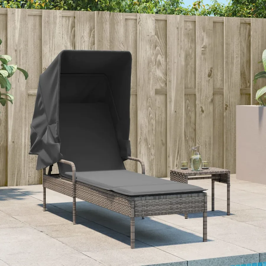 Chaise longue avec auvent gris résine tressée - 3