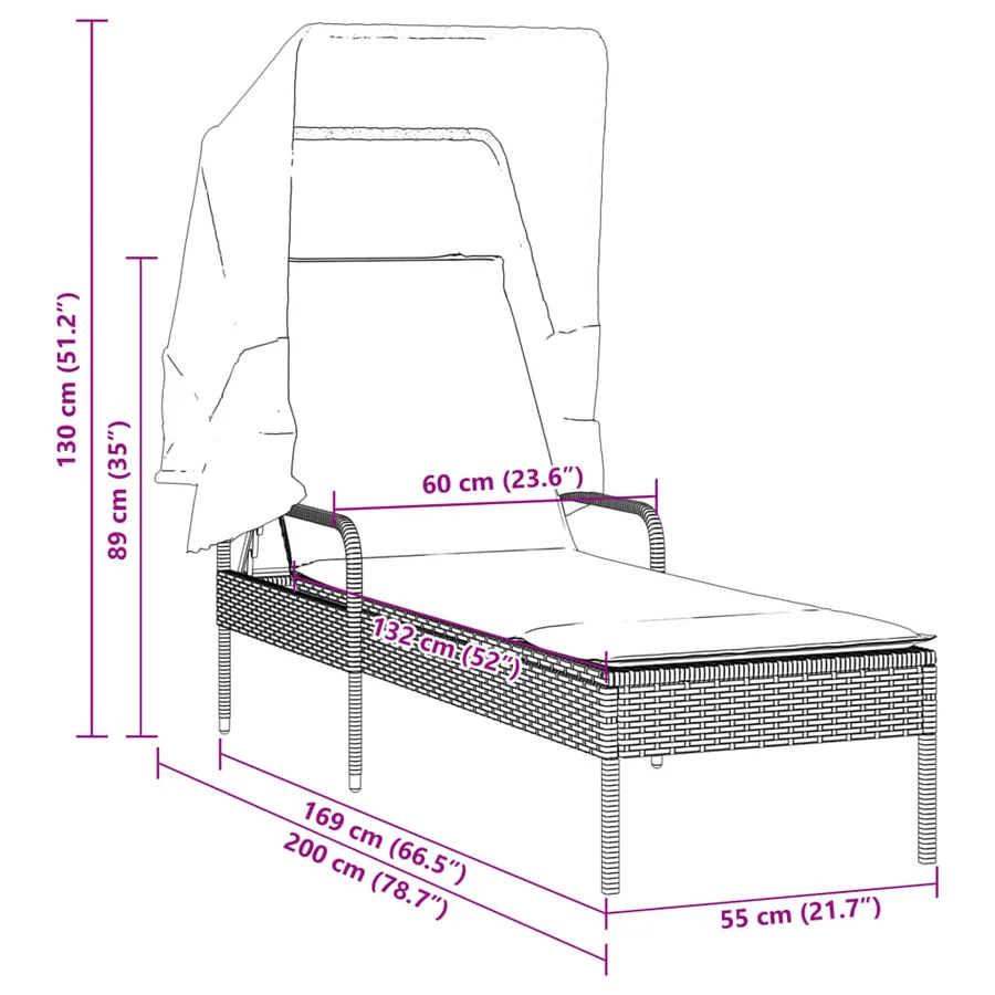 Chaise longue avec auvent gris résine tressée - 49