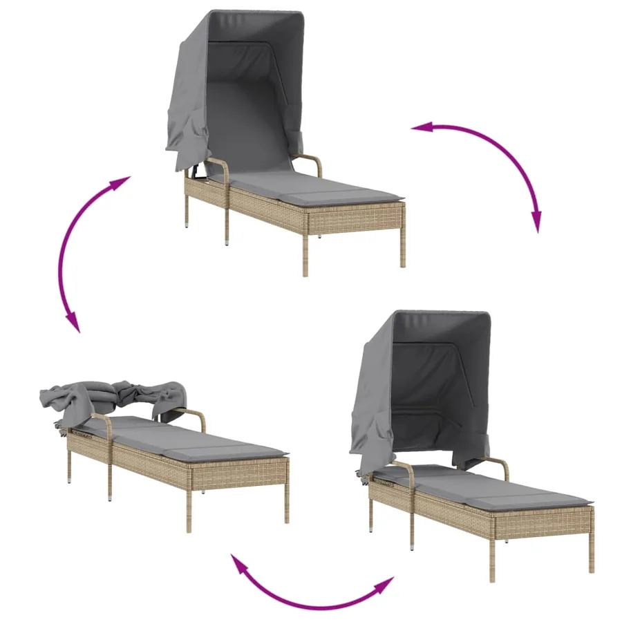 Chaise longue avec auvent gris résine tressée - 87