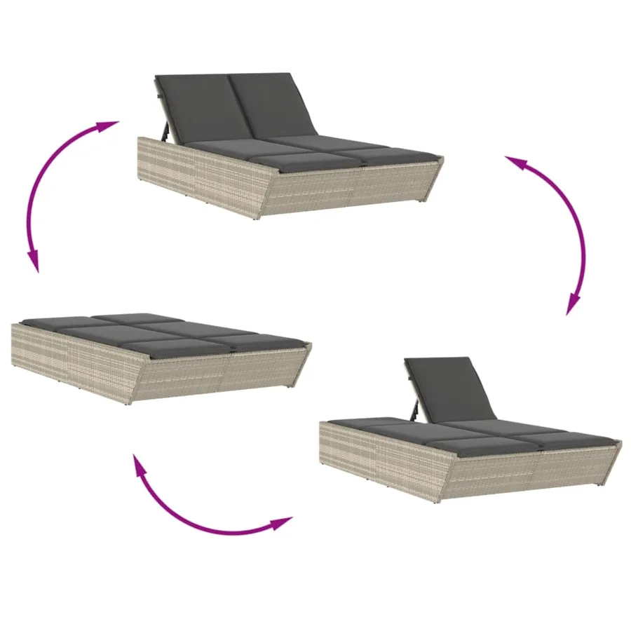 Chaise longue double avec coussins gris clair résine tressée - 6
