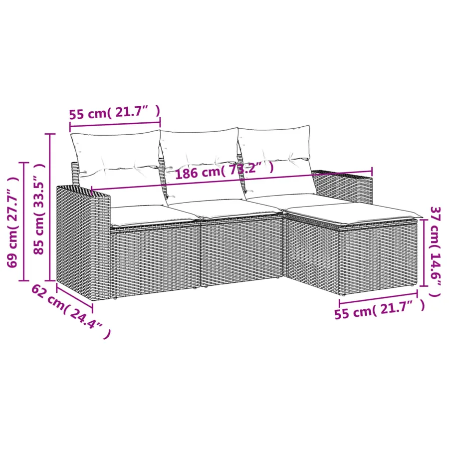 Salon de jardin 4 pcs avec coussins marron résine tressée - 3