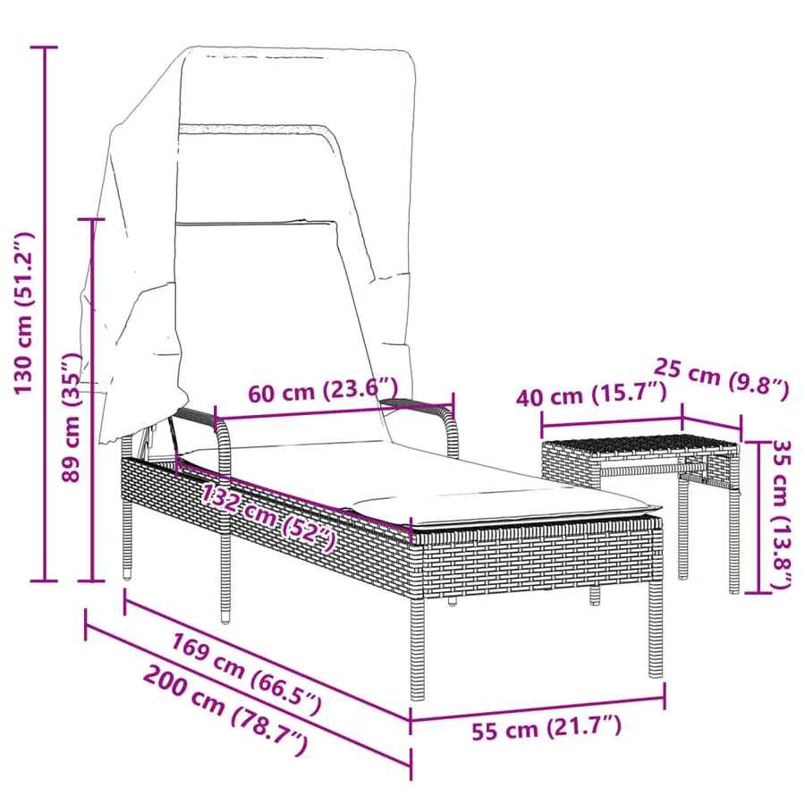 Chaise longue avec auvent et table gris résine tressée - 11