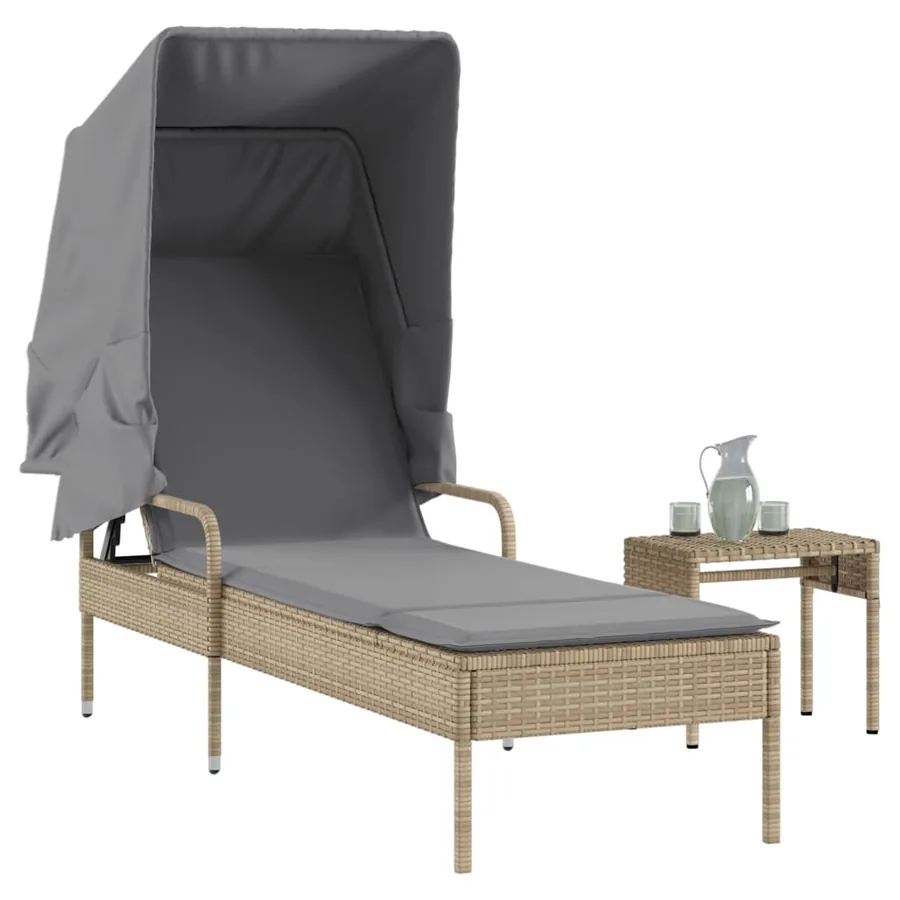Chaise longue avec auvent et table gris résine tressée - 13