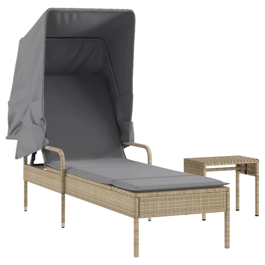 Chaise longue avec auvent et table gris résine tressée - 14