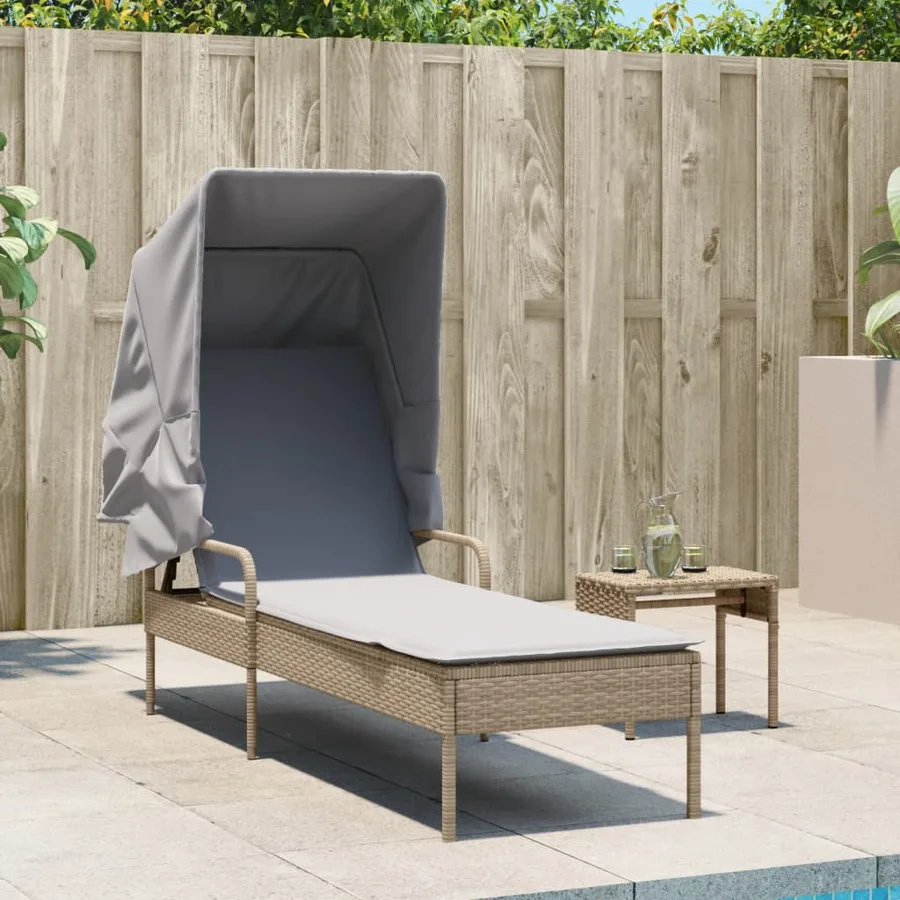 Chaise longue avec auvent et table gris résine tressée - 15