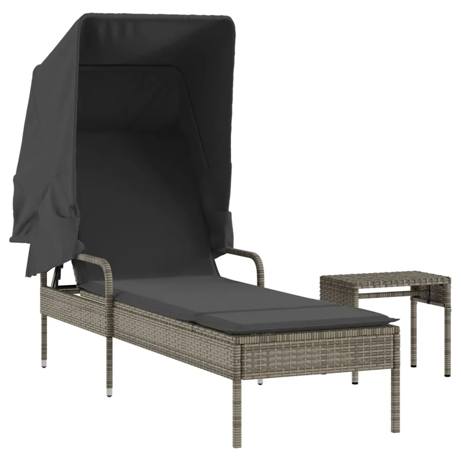 Chaise longue avec auvent et table gris résine tressée - 2