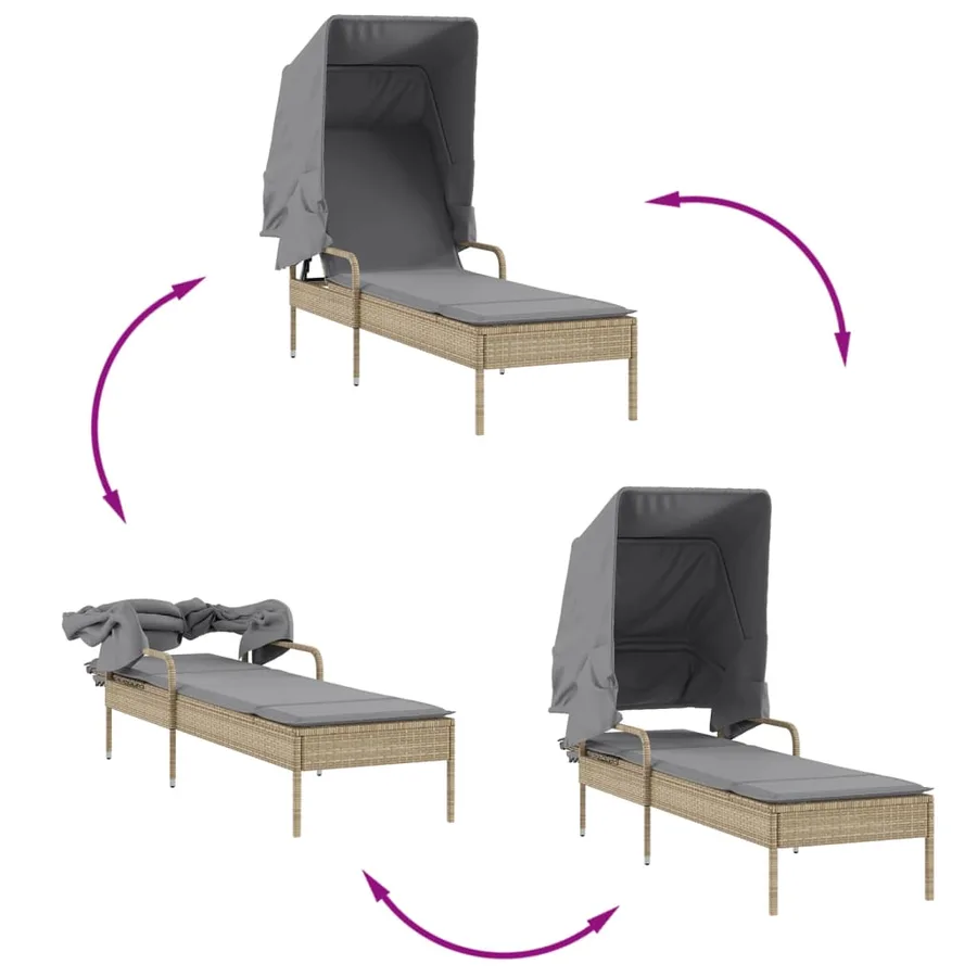 Chaise longue avec auvent et table gris résine tressée - 20