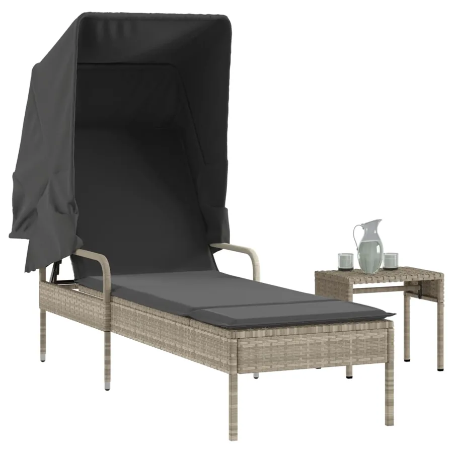 Chaise longue avec auvent et table gris résine tressée - 25