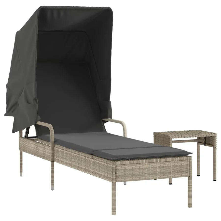 Chaise longue avec auvent et table gris résine tressée - 26
