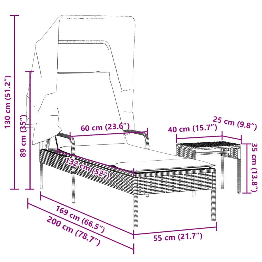 Chaise longue avec auvent et table gris résine tressée - 35