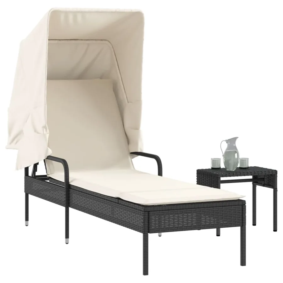 Chaise longue avec auvent et table gris résine tressée - 37