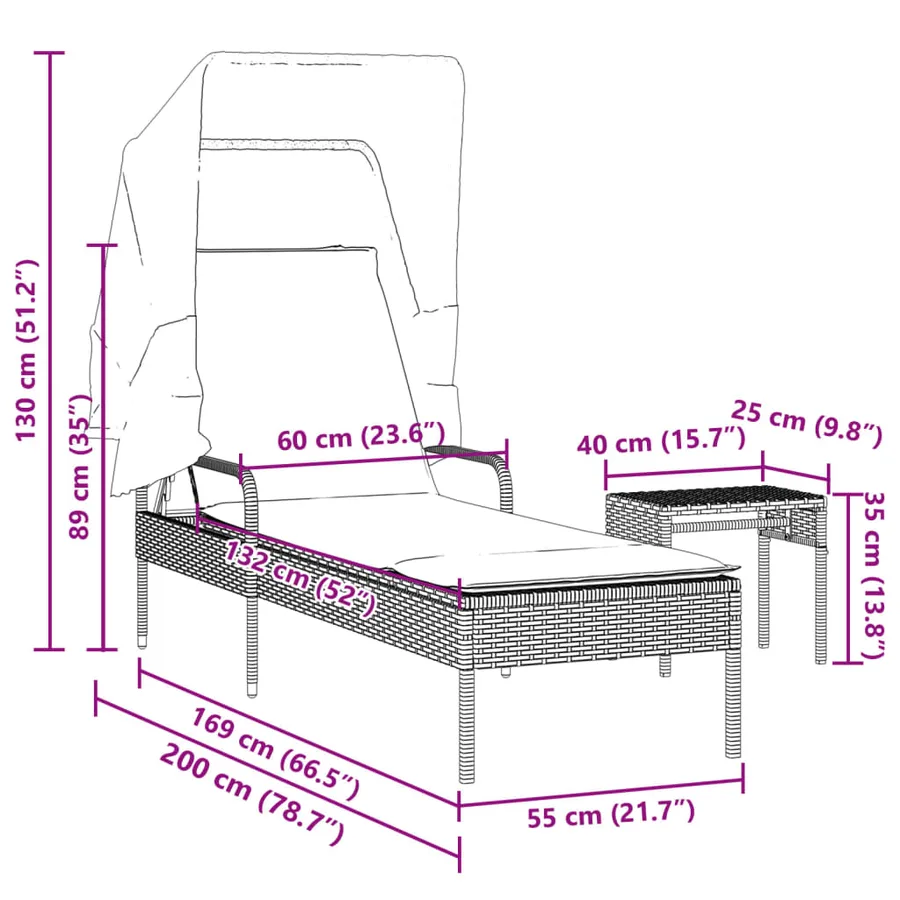 Chaise longue avec auvent et table gris résine tressée - 47