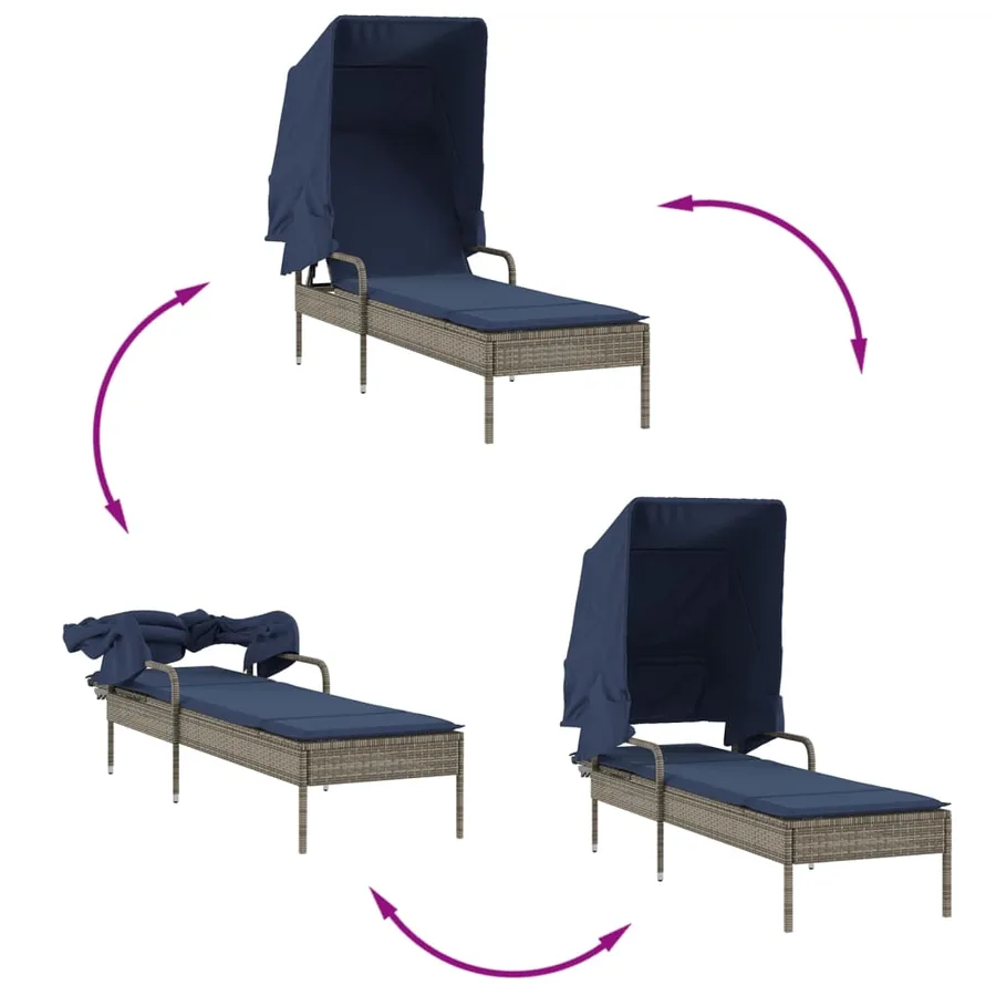 Chaise longue avec auvent et table gris résine tressée - 68