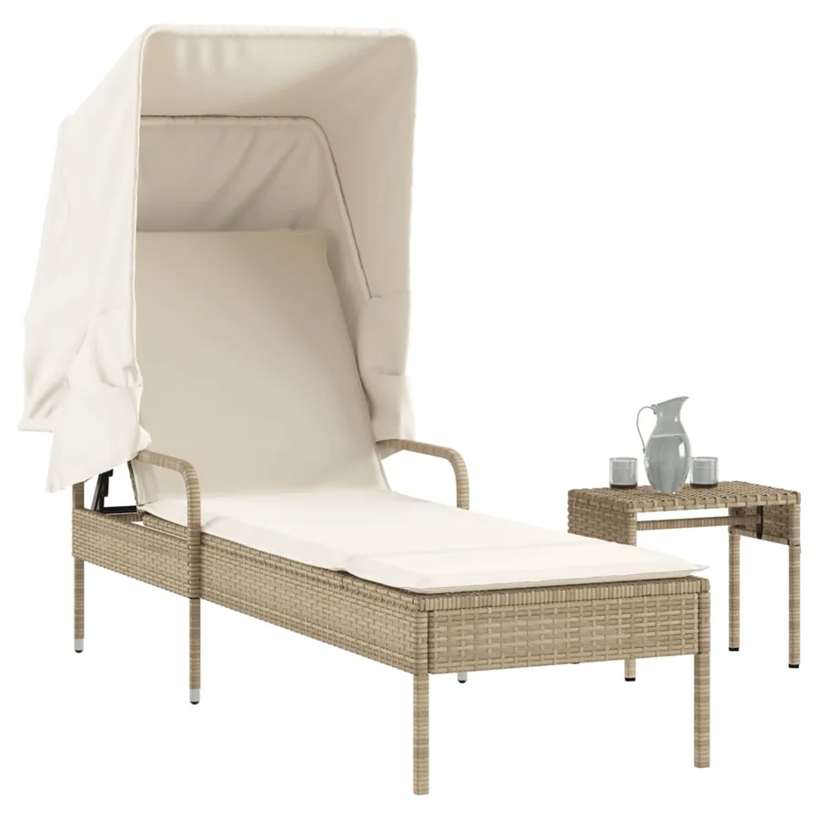 Chaise longue avec auvent et table gris résine tressée - 73