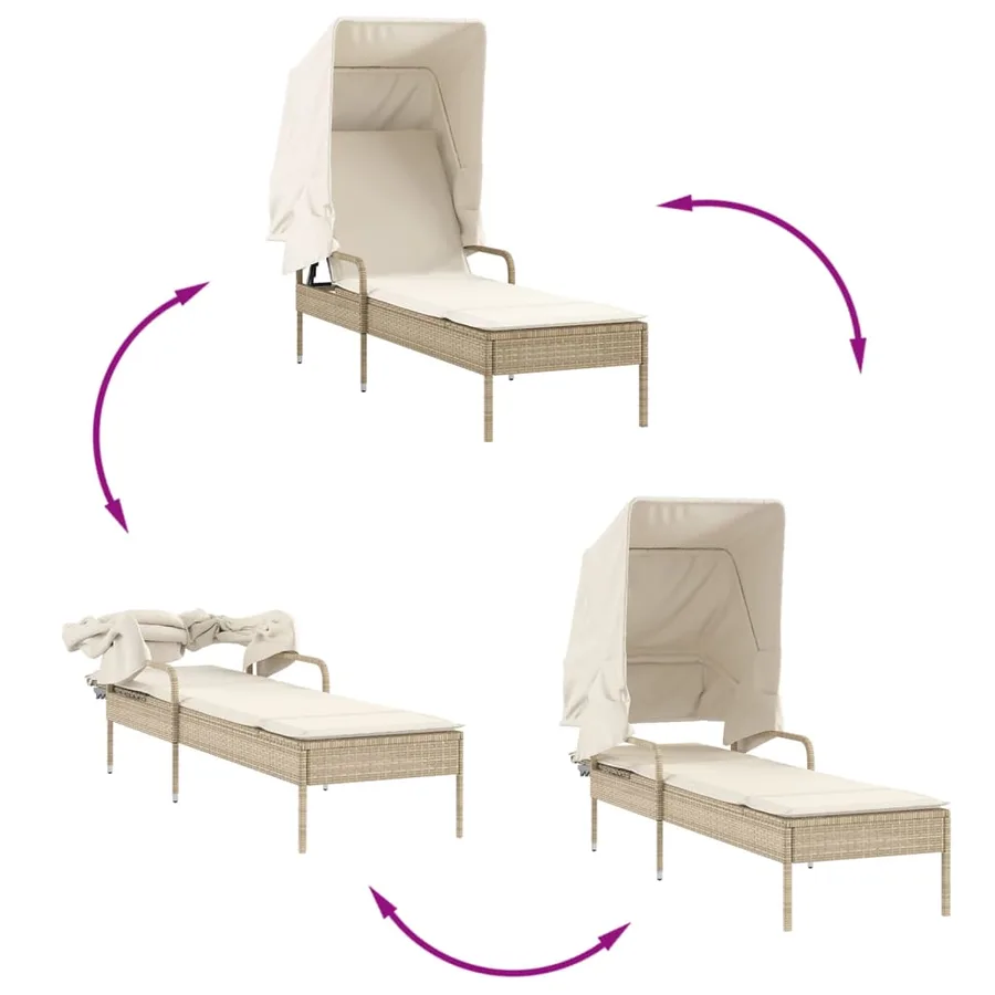 Chaise longue avec auvent et table gris résine tressée - 80