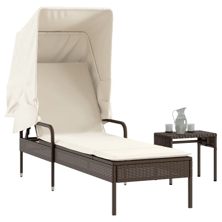 Chaise longue avec auvent et table gris résine tressée - 85