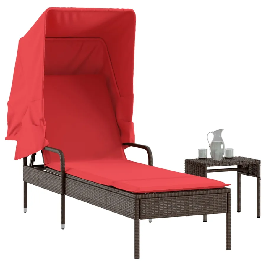 Chaise longue avec auvent et table gris résine tressée - 97