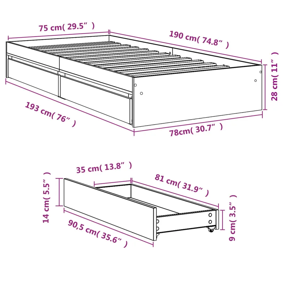 Cadre de lit avec tiroirs sans matelas chêne fumé 75x190 cm - 10