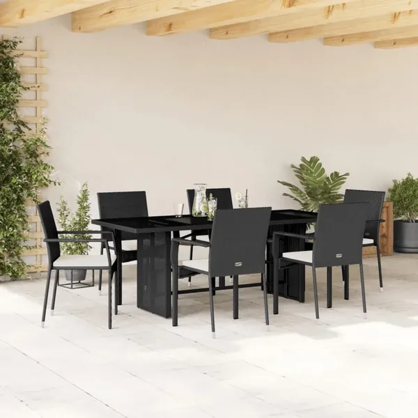 Ensemble à manger de jardin coussins 7pcs Noir Résine tressée