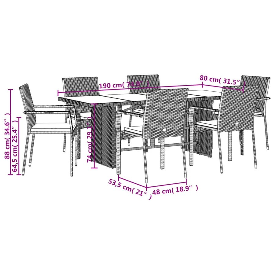 Ensemble à manger de jardin coussins 7pcs Noir Résine tressée - 7