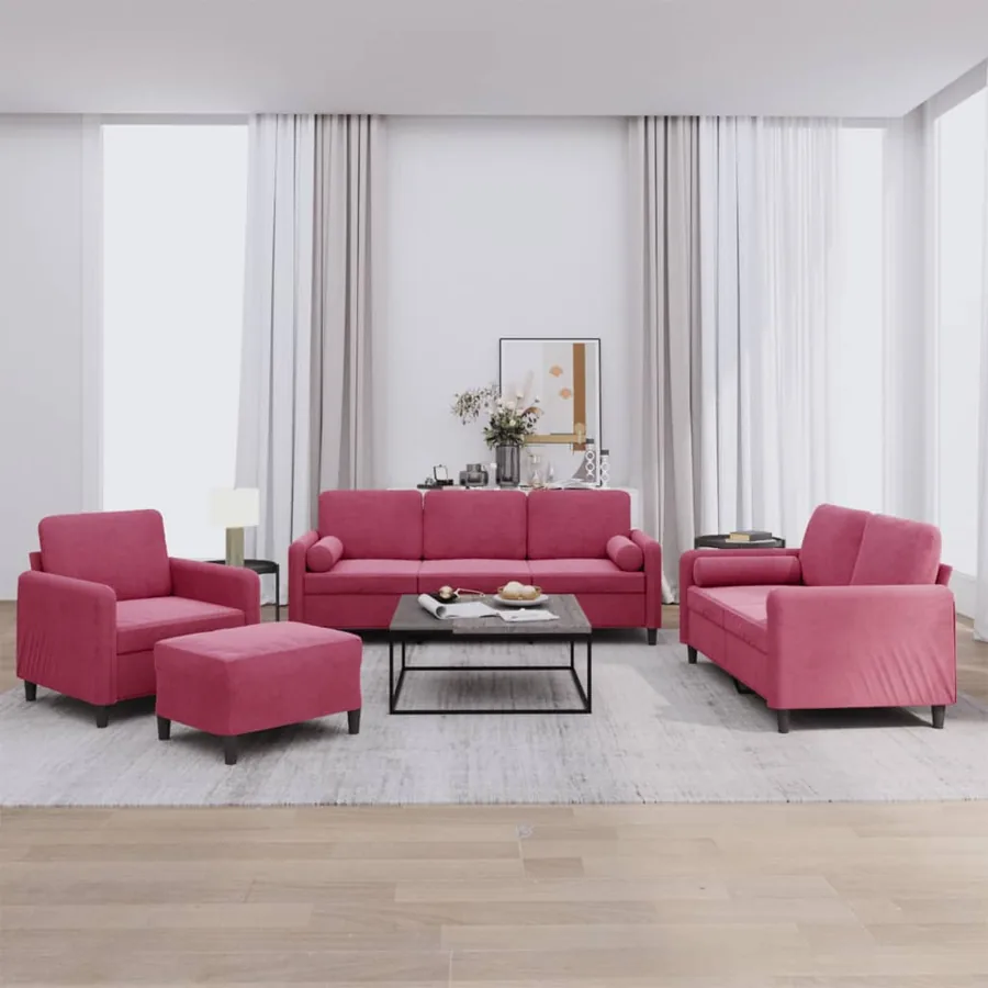 Ensemble de canapés 4 pcs avec coussins rouge bordeaux velours