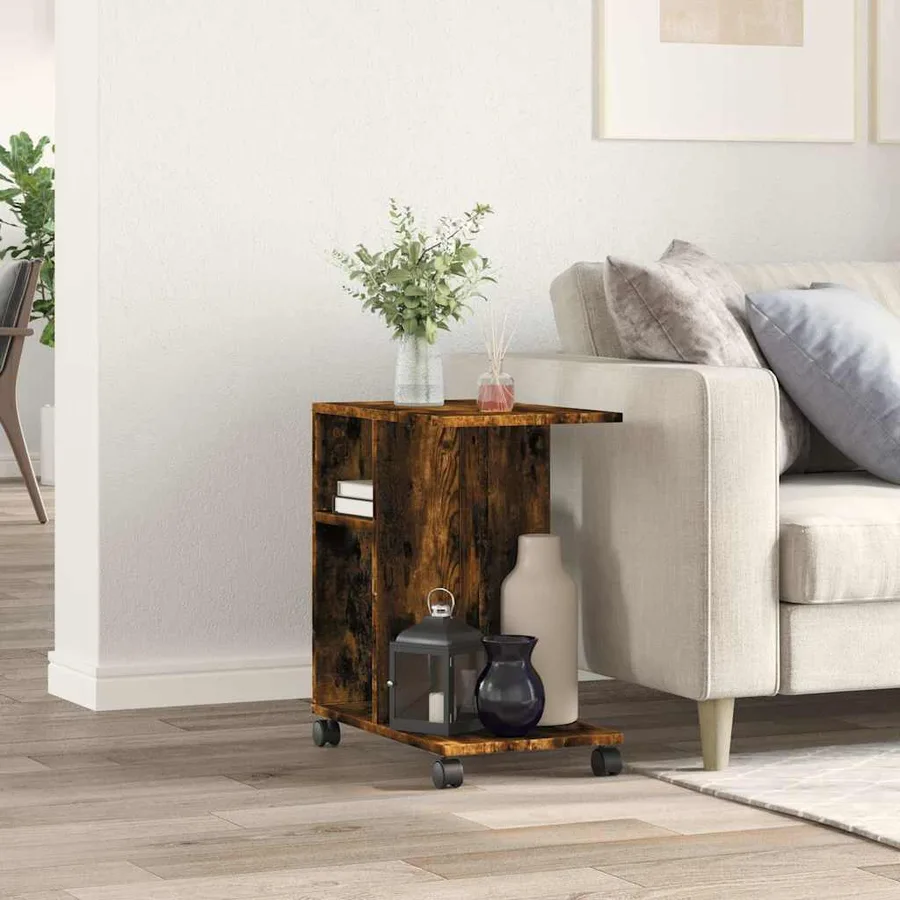 Table d'appoint avec roues chêne fumé bois d'ingénierie - 3
