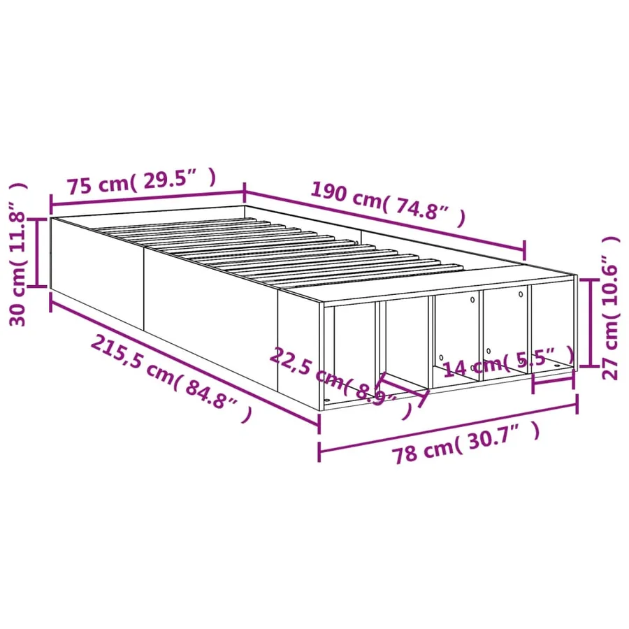 Cadre de lit sans matelas gris béton 75x190 cm - 10
