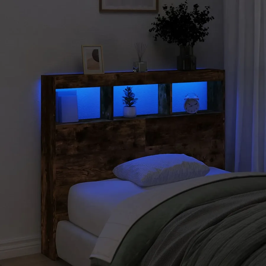 Armoire tête de lit avec LED chêne fumé 120x17x102 cm - 4