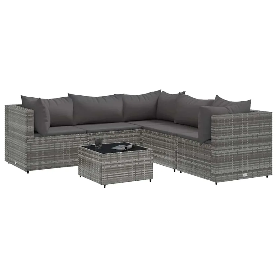 Salon de jardin 6 pcs avec coussins Gris Résine tressée - 2