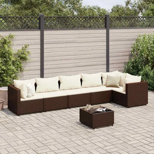 Salon de jardin avec coussins 7 pcs marron résine tressée