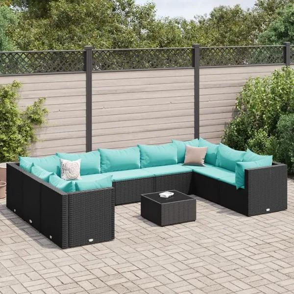 Salon de jardin 10 pcs avec coussins noir résine tressée