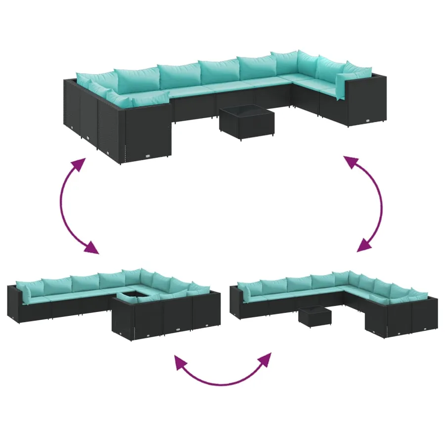 Salon de jardin 10 pcs avec coussins noir résine tressée - 6