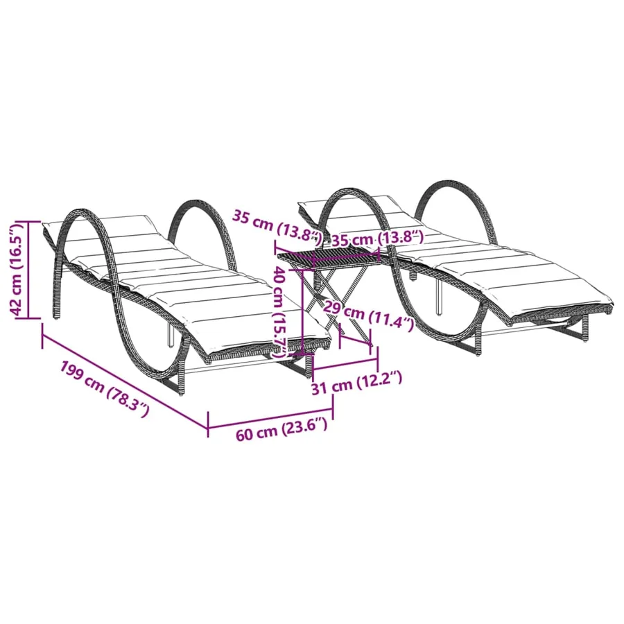 Chaises longues lot de 2 avec table gris clair résine tressée - 13