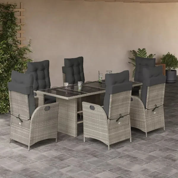 Ensemble à manger de jardin et coussins 7 pcs gris clair rotin