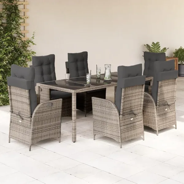 Ensemble à manger de jardin et coussins 7 pcs gris rotin
