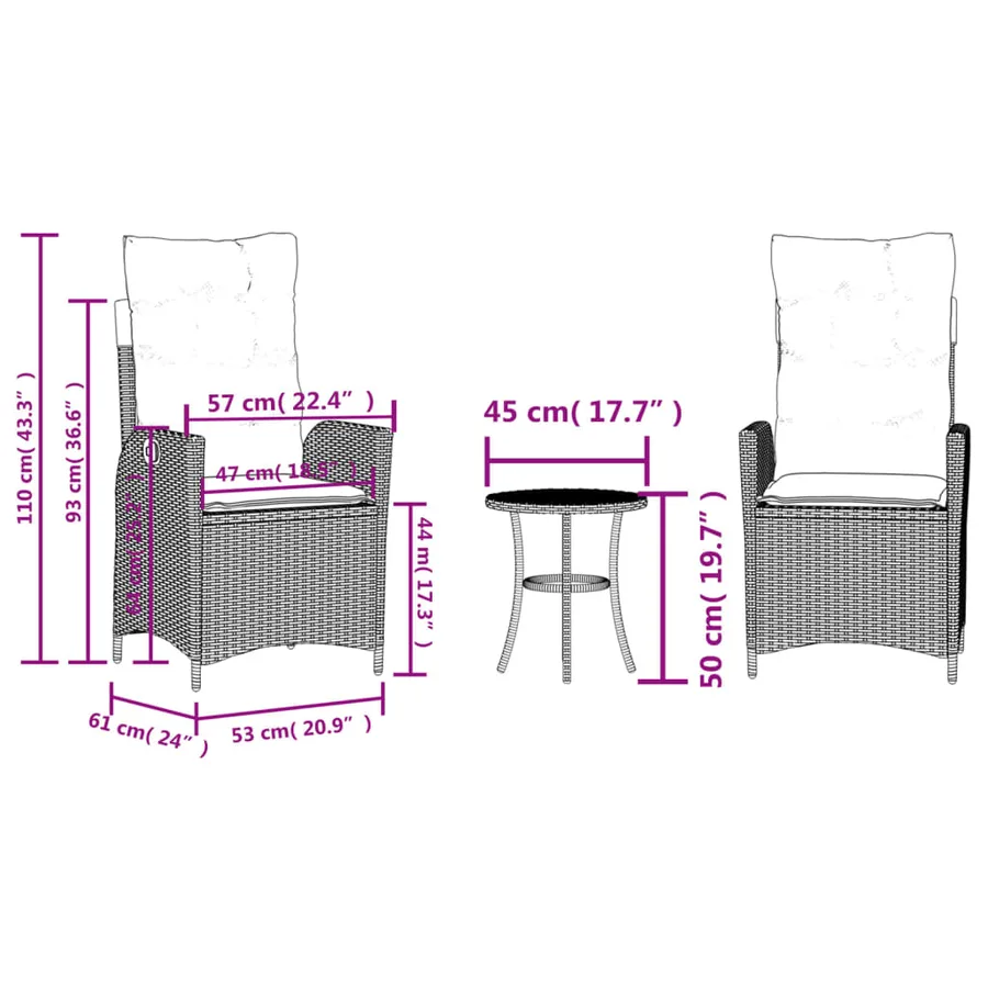 Ensemble de bistro 3 pcs et coussins gris clair résine tressée - 15