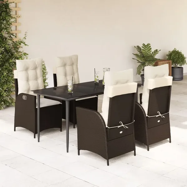 Ensemble à manger de jardin 5 pcs et coussins marron poly rotin